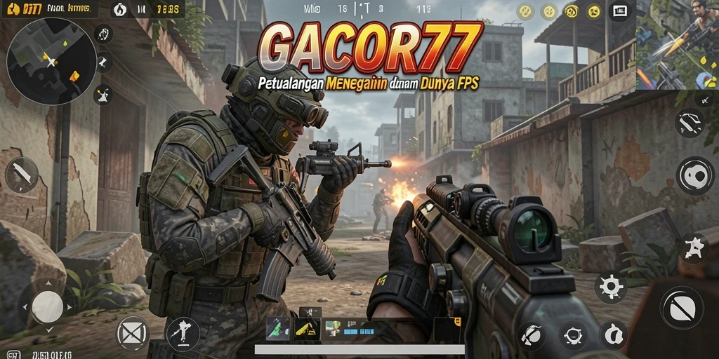 Screenshot utama GACOR77 menampilkan aksi tembak-menembak yang intens.