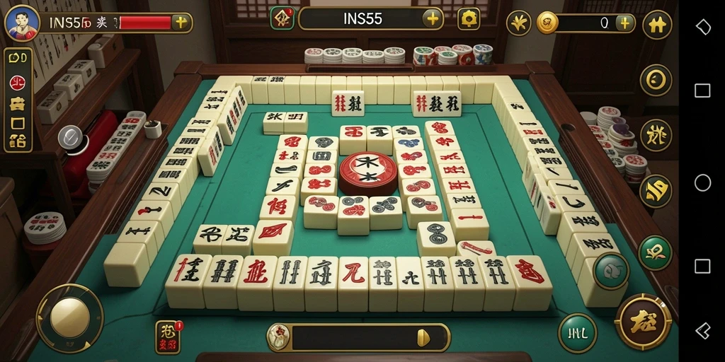 Tangkapan layar gameplay INS55 yang menampilkan mahjong yang penuh warna.