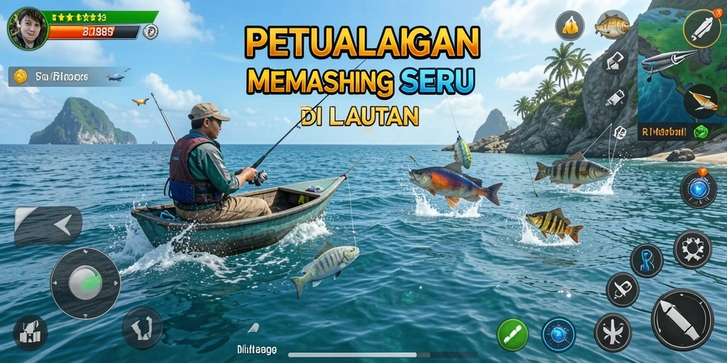 Screenshot utama RI889 menampilkan pemain menangkap ikan di laut.